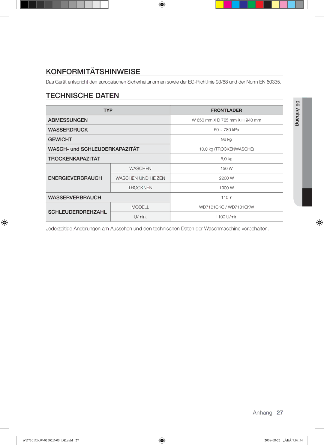 Samsung WD7101CKW/XEH, WD7101CKW/YLE manual Konformitätshinweise, Technische Daten, WASCH- und Schleuderkapazität, Anhang 