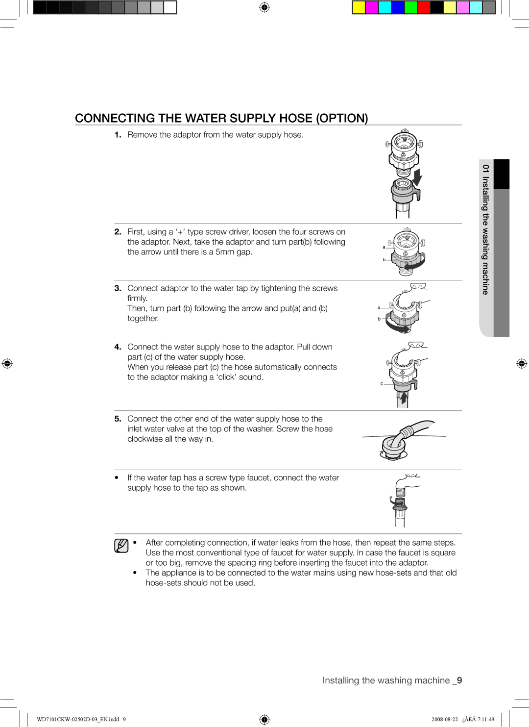 Samsung WD7101CKW/YLE, WD7101CKC/YLE, WD7101CKW/XEH manual Connecting the Water Supply Hose Option 