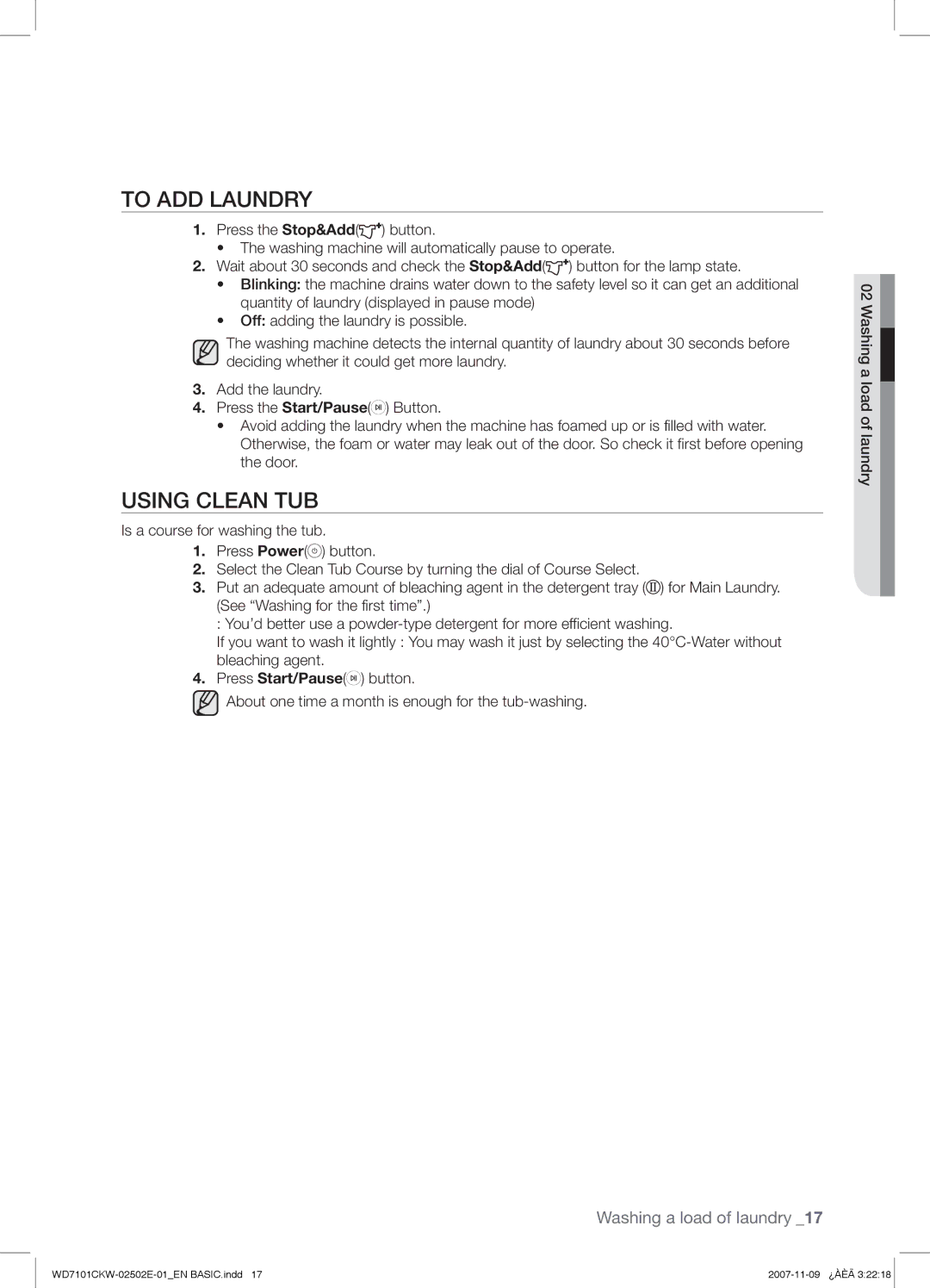 Samsung WD7101CKW/XEO, WD7101CKW/YLE, WD7101CKW/XEH manual To ADD Laundry, Using Clean TUB 