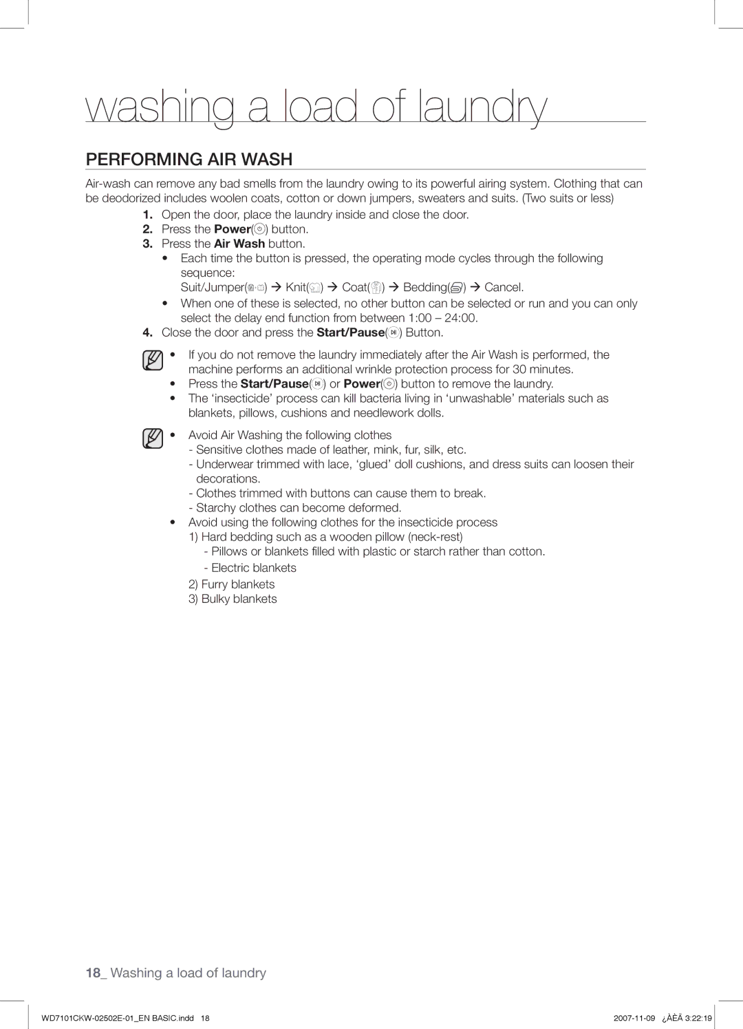 Samsung WD7101CKW/YLE, WD7101CKW/XEH, WD7101CKW/XEO manual Performing AIR Wash 