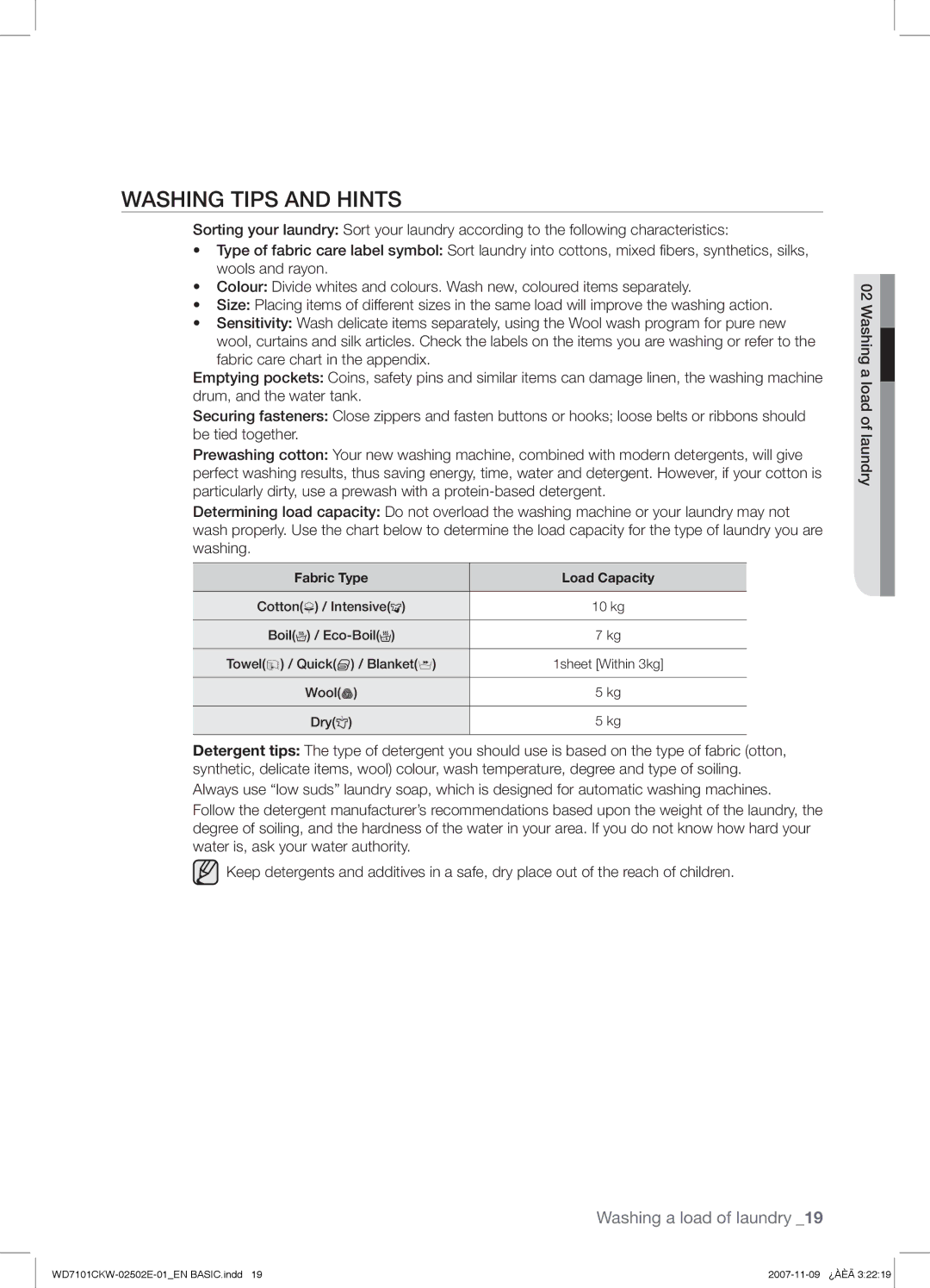 Samsung WD7101CKW/XEH, WD7101CKW/YLE, WD7101CKW/XEO manual Washing Tips and Hints, Fabric Type 