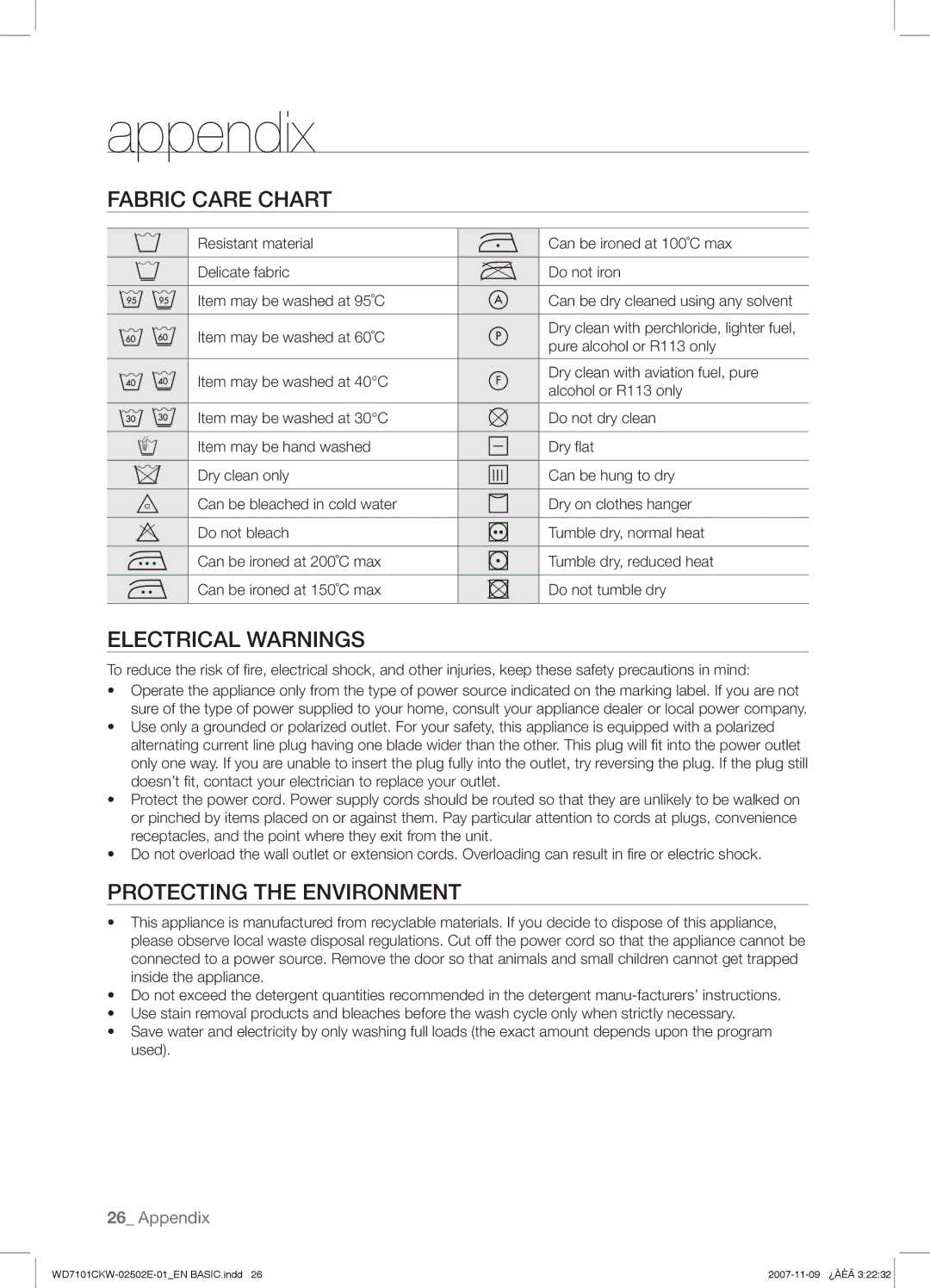 Samsung WD7101CKW/XEO, WD7101CKW/YLE manual Appendix, Fabric Care Chart, Electrical Warnings, Protecting the Environment 