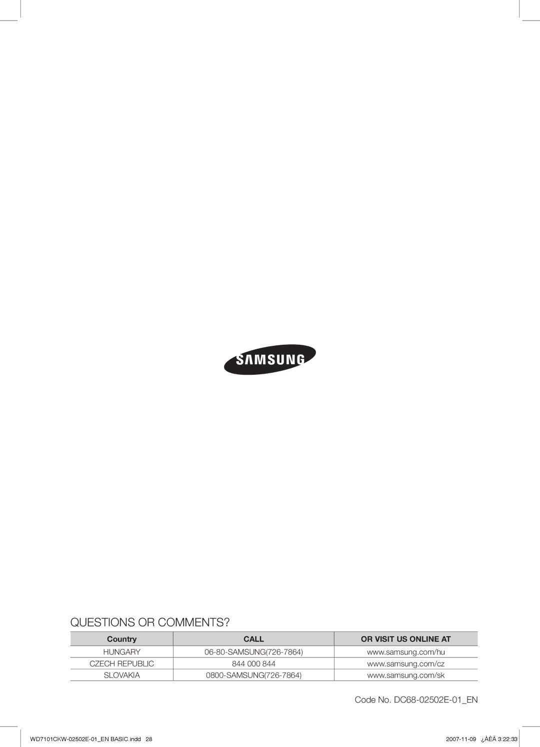 Samsung WD7101CKW/XEH, WD7101CKW/YLE, WD7101CKW/XEO manual Questions or COMMENTS? 