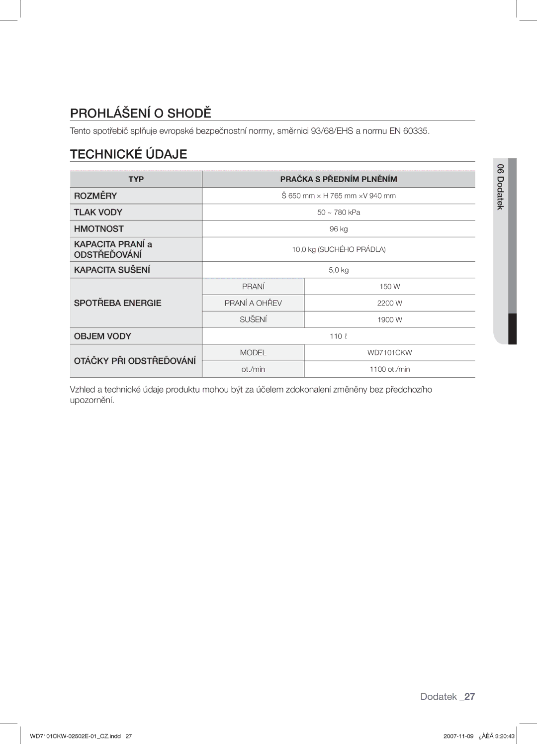 Samsung WD7101CKW/XEH, WD7101CKW/YLE, WD7101CKW/XEO manual Prohlášení O Shodě, Technické Údaje 