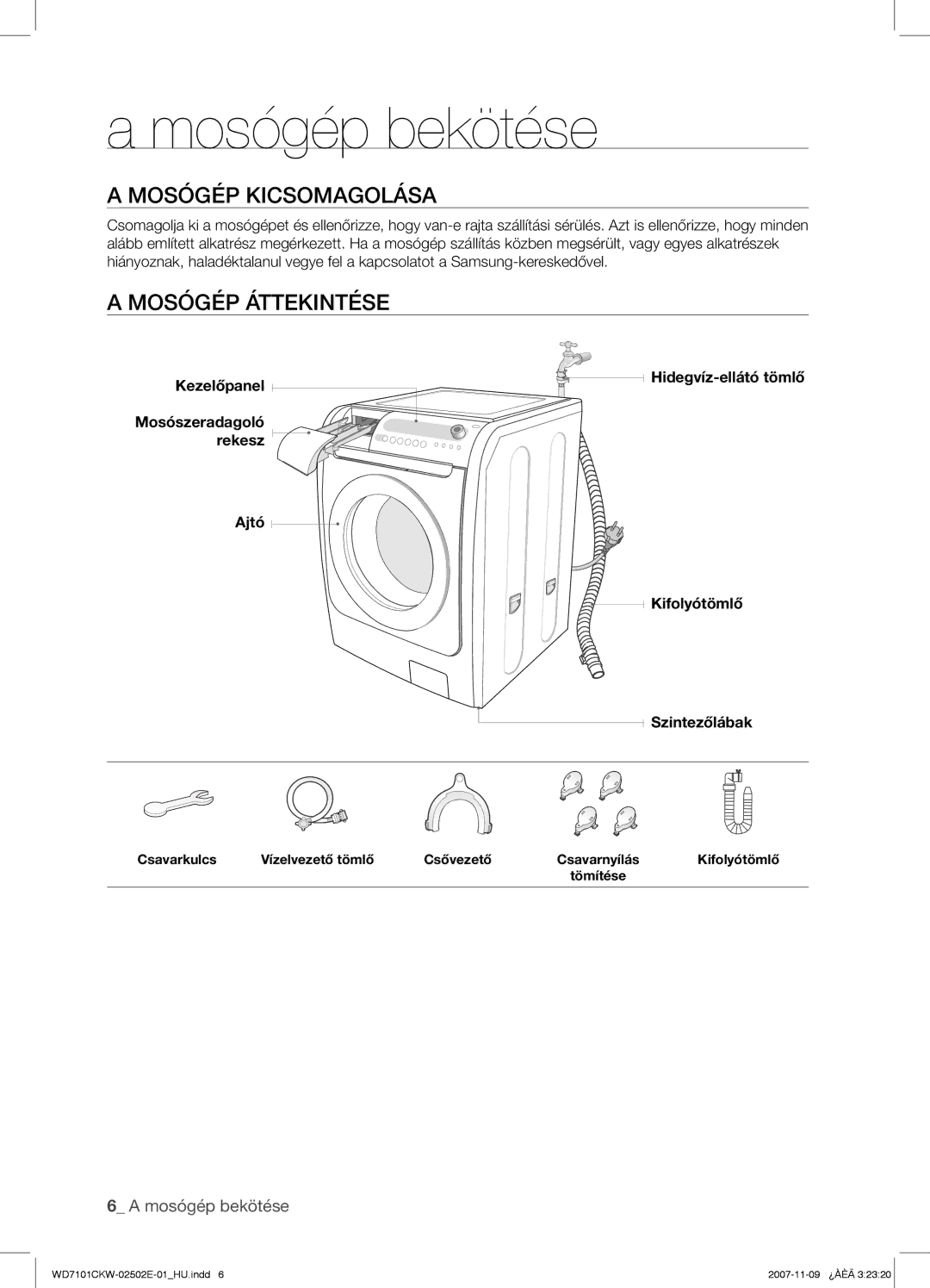 Samsung WD7101CKW/XEO, WD7101CKW/YLE, WD7101CKW/XEH manual Mosógép bekötése, Mosógép Kicsomagolása, Mosógép Áttekintése 