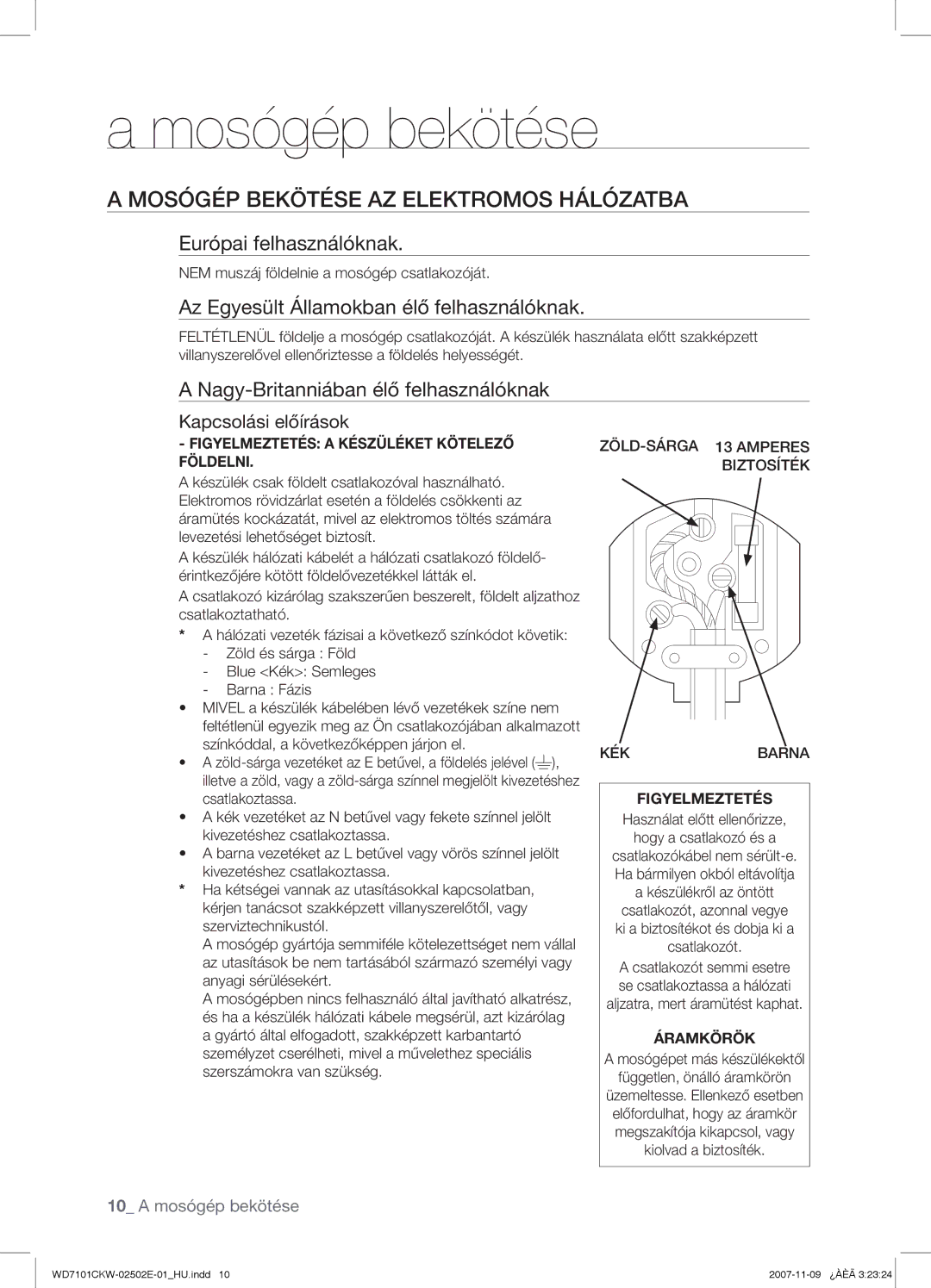 Samsung WD7101CKW/YLE, WD7101CKW/XEH, WD7101CKW/XEO manual Mosógép Bekötése AZ Elektromos Hálózatba, Európai felhasználóknak 
