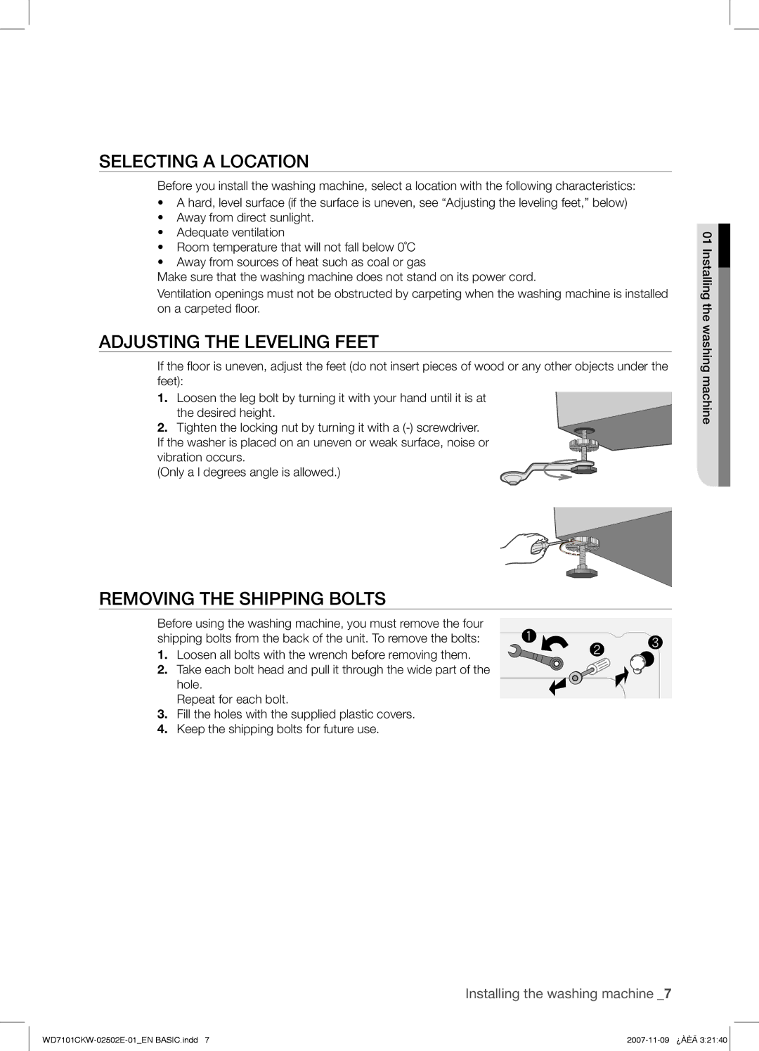 Samsung WD7101CKW/XEH, WD7101CKW/YLE manual Selecting a Location, Adjusting the Leveling Feet, Removing the Shipping Bolts 