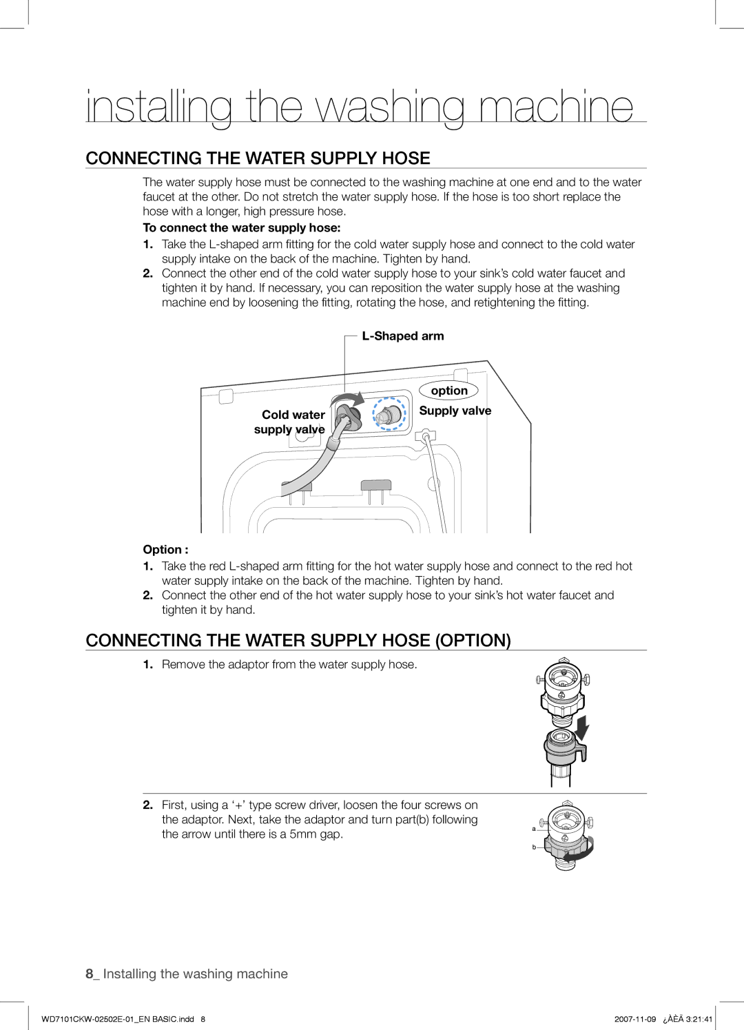 Samsung WD7101CKW/XEO, WD7101CKW/YLE, WD7101CKW/XEH manual Connecting the Water Supply Hose Option 