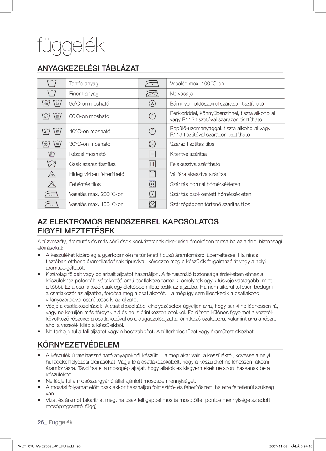 Samsung WD7101CKW/XEH manual Függelék, Anyagkezelési Táblázat, AZ Elektromos Rendszerrel Kapcsolatos Figyelmeztetések 