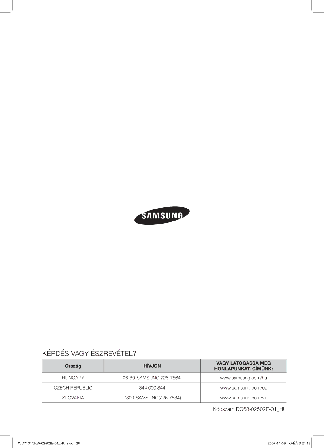 Samsung WD7101CKW/YLE, WD7101CKW/XEH, WD7101CKW/XEO manual Kérdés Vagy ÉSZREVÉTEL? 