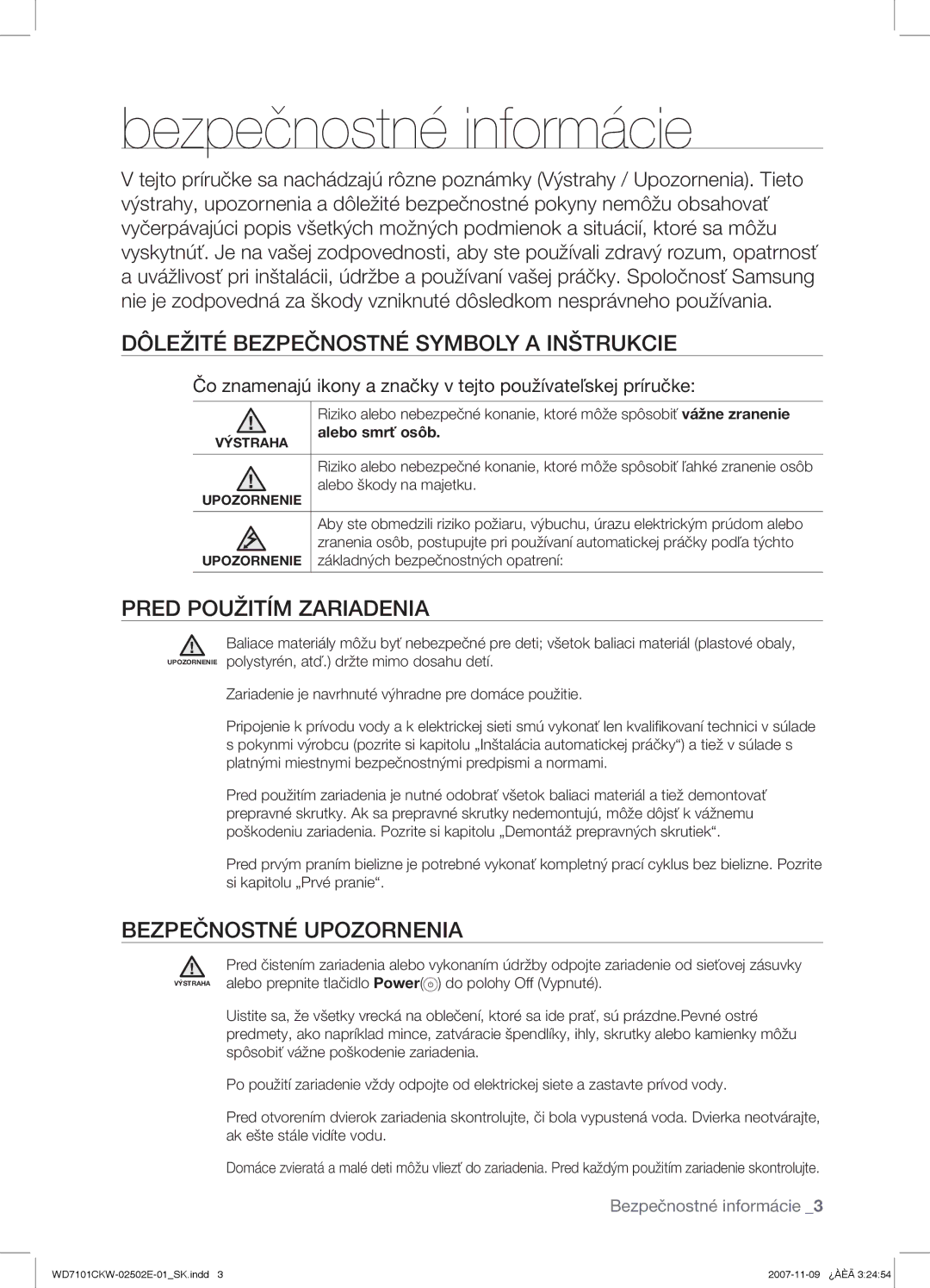 Samsung WD7101CKW/YLE manual Bezpečnostné informácie, Dôležité Bezpečnostné Symboly a Inštrukcie, Pred Použitím Zariadenia 