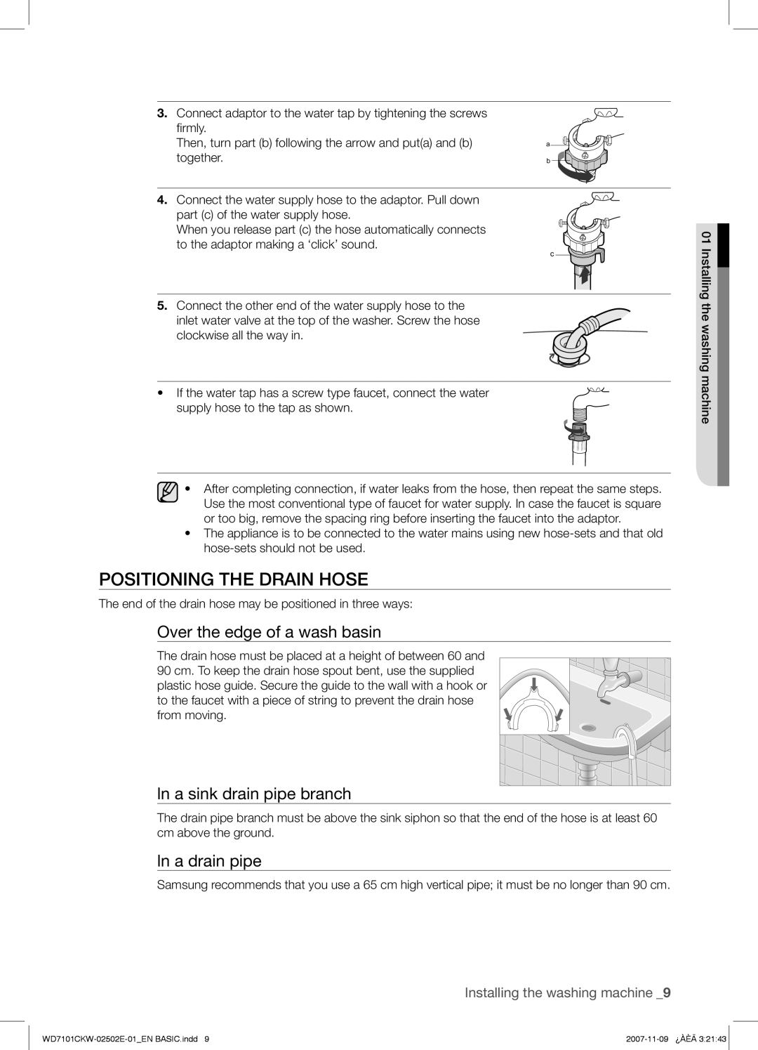 Samsung WD7101CKW/YLE manual Positioning the Drain Hose, Over the edge of a wash basin, Ln a sink drain pipe branch 