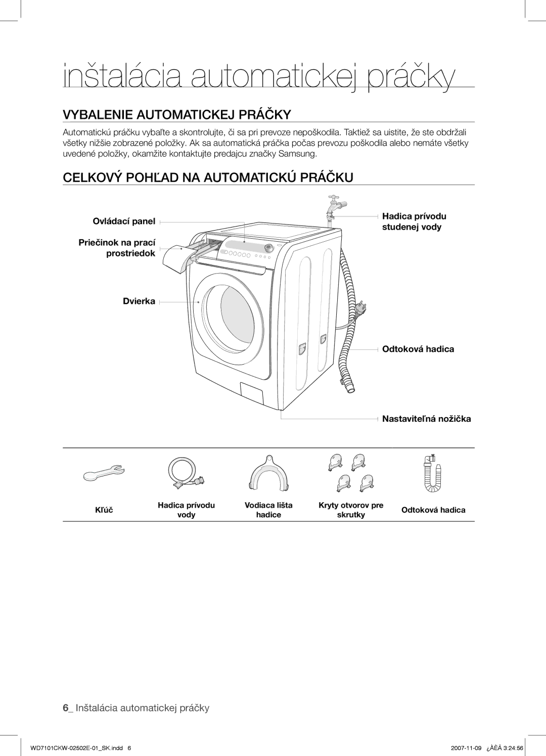 Samsung WD7101CKW/YLE Inštalácia automatickej práčky, Vybalenie Automatickej Práčky, Celkový Pohľad NA Automatickú Práčku 