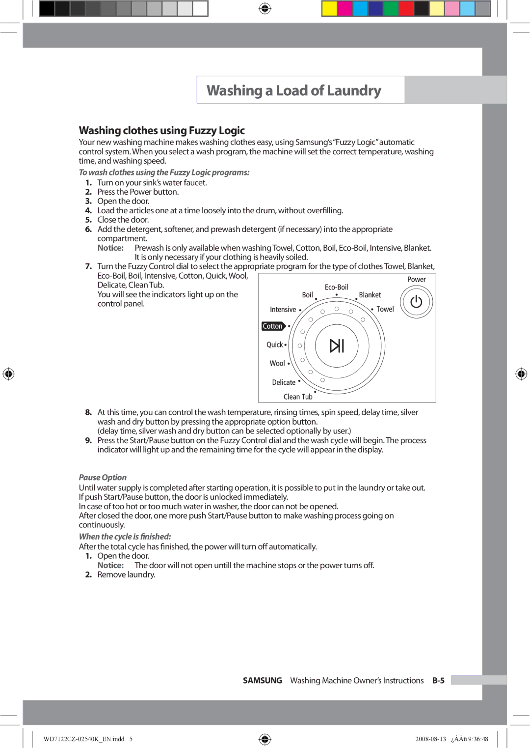 Samsung WD7122CZS/YKJ Washing clothes using Fuzzy Logic, To wash clothes using the Fuzzy Logic programs, Pause Option 