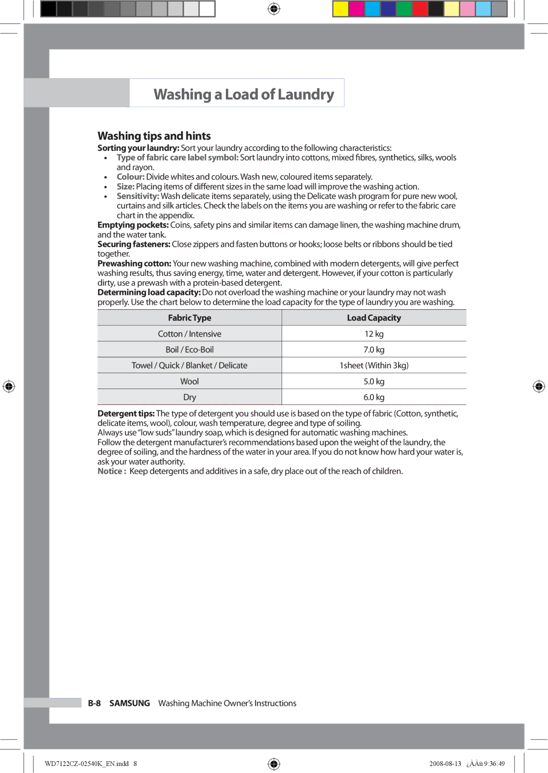 Samsung WD7122CZS/YKJ manual Washing tips and hints, Fabric Type Load Capacity 