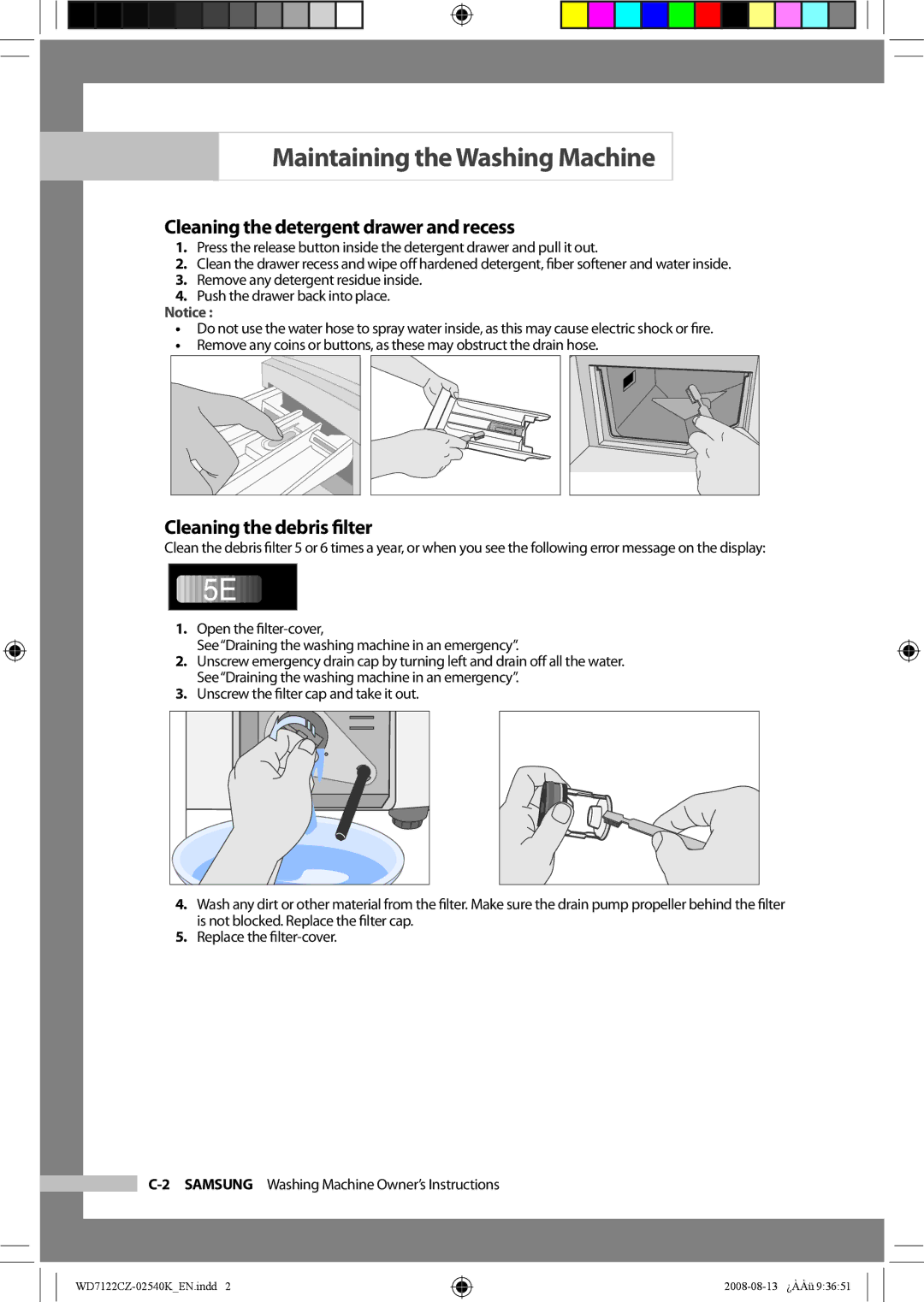 Samsung WD7122CZS/YKJ manual Cleaning the detergent drawer and recess, Cleaning the debris ﬁlter 