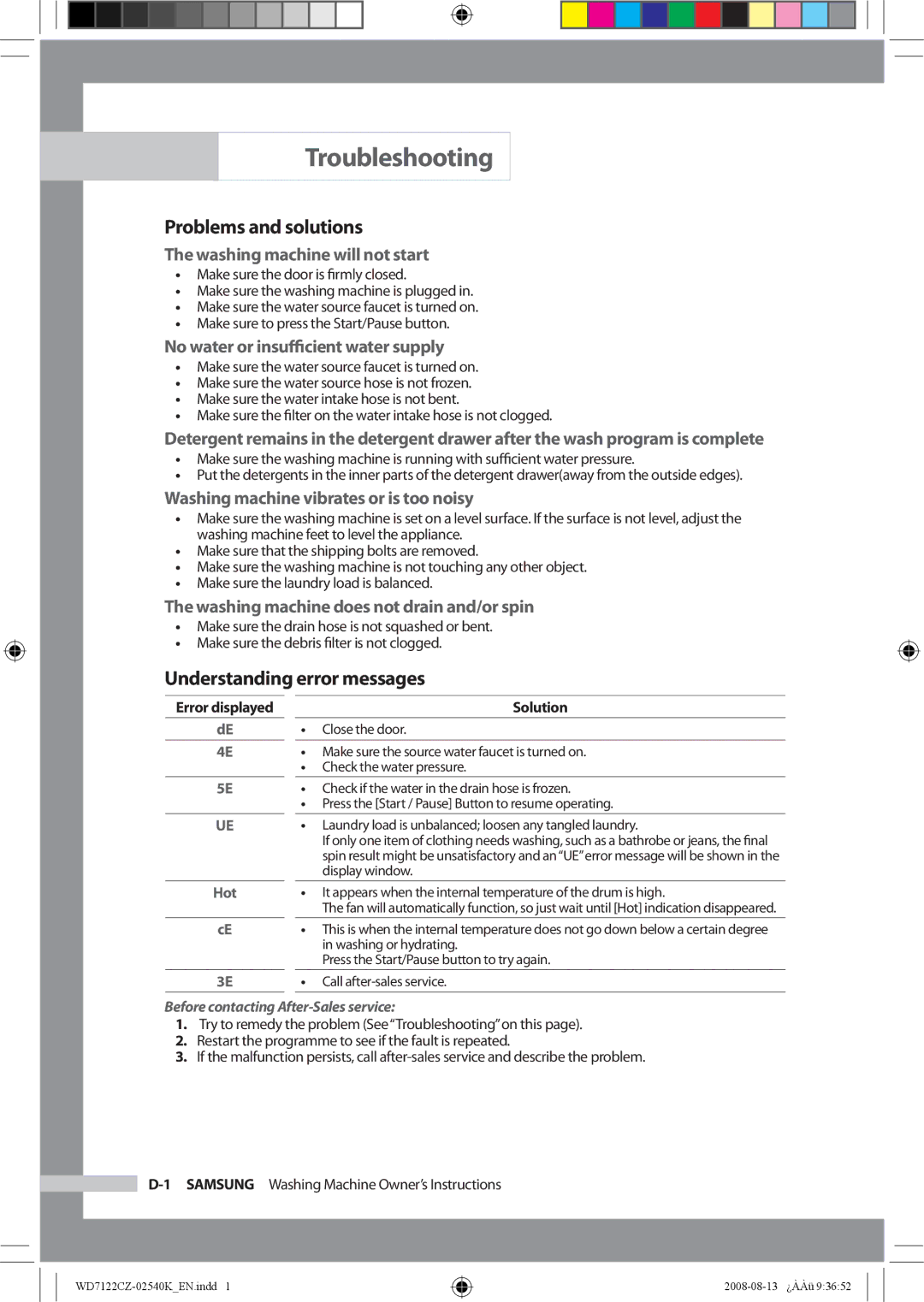 Samsung WD7122CZS/YKJ manual Troubleshooting, Problems and solutions, Understanding error messages 