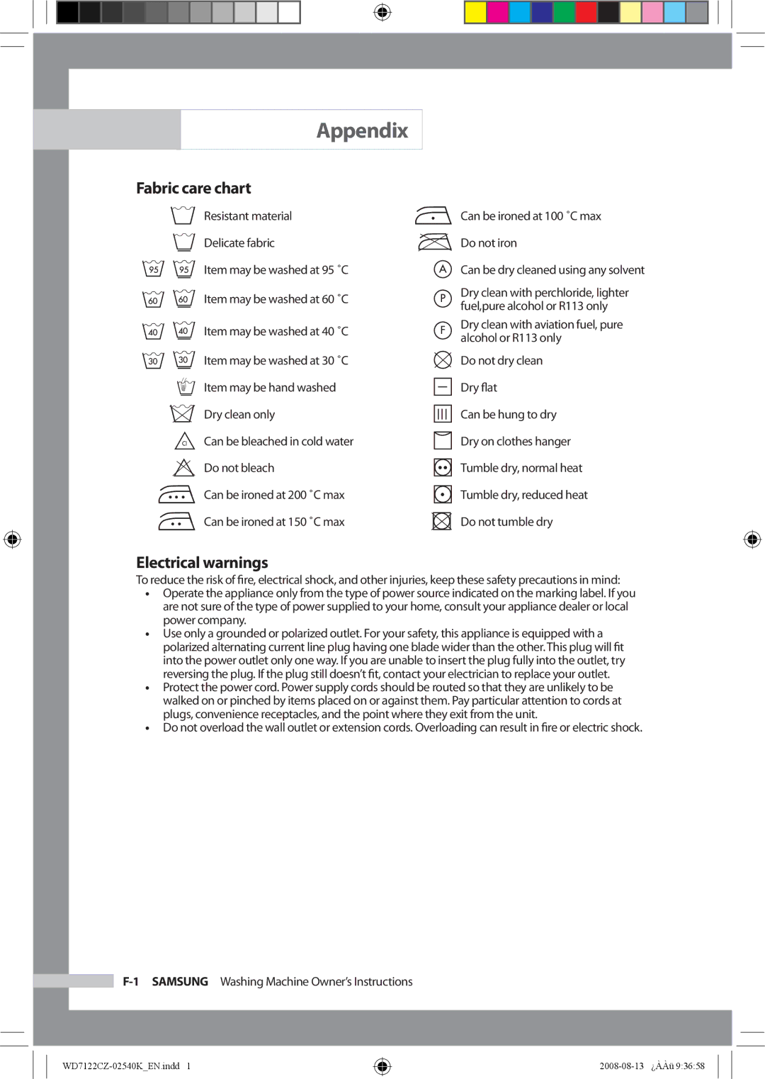 Samsung WD7122CZS/YKJ manual Appendix, Fabric care chart, Electrical warnings 