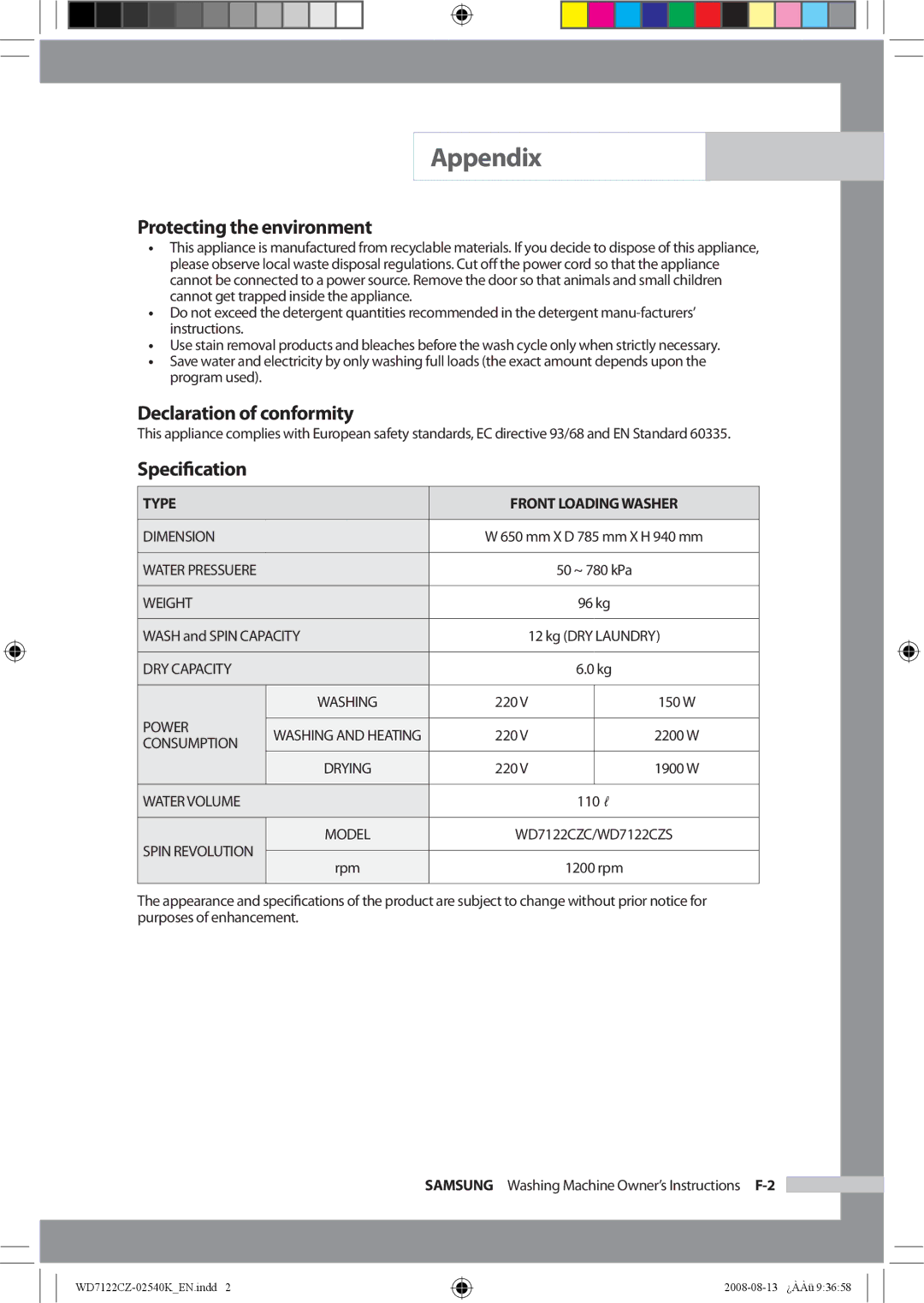 Samsung WD7122CZS/YKJ manual Protecting the environment, Declaration of conformity, Speciﬁcation 