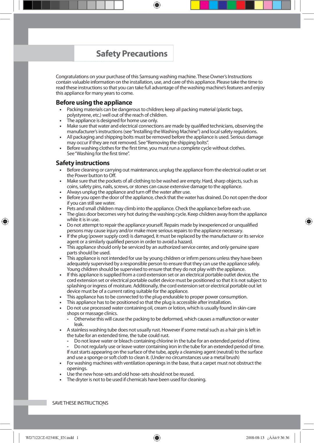 Samsung WD7122CZS/YKJ manual Safety Precautions, Before using the appliance, Safety instructions 