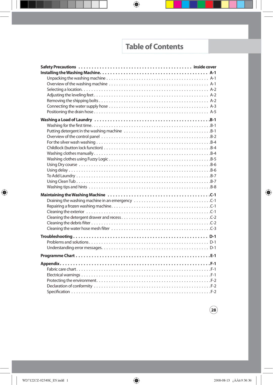 Samsung WD7122CZS/YKJ manual Table of Contents 