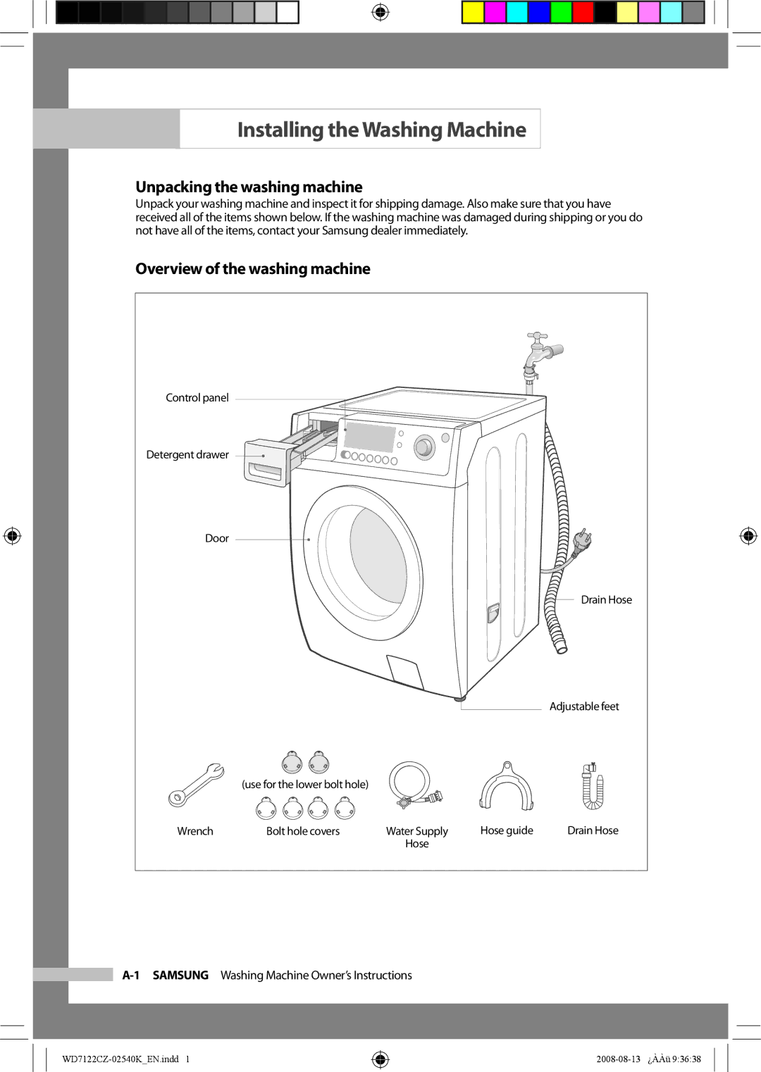 Samsung WD7122CZS/YKJ manual Installing the Washing Machine, Unpacking the washing machine, Overview of the washing machine 