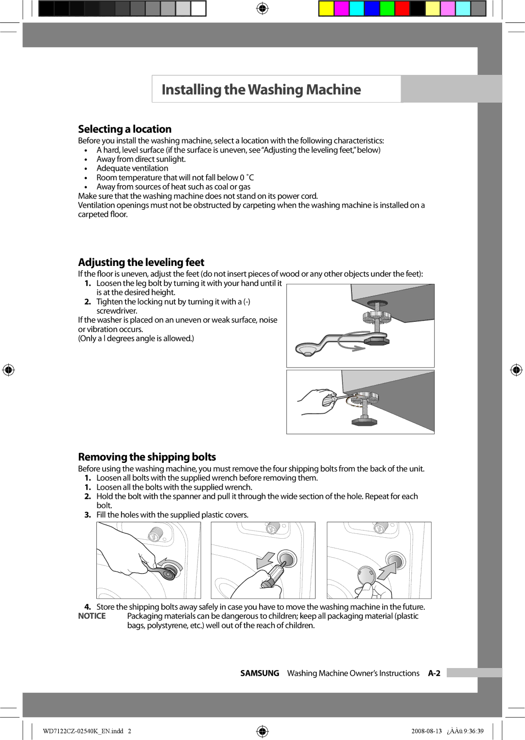 Samsung WD7122CZS/YKJ manual Selecting a location, Adjusting the leveling feet, Removing the shipping bolts 