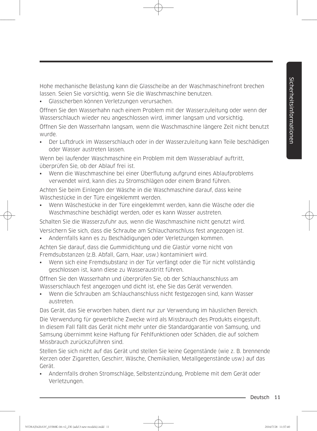 Samsung WD82J5400AW/EG, WD72J5400AW/EG, WD70J5400AW/EG, WD80J5400AW/EG manual Sicherheitsinformationen 