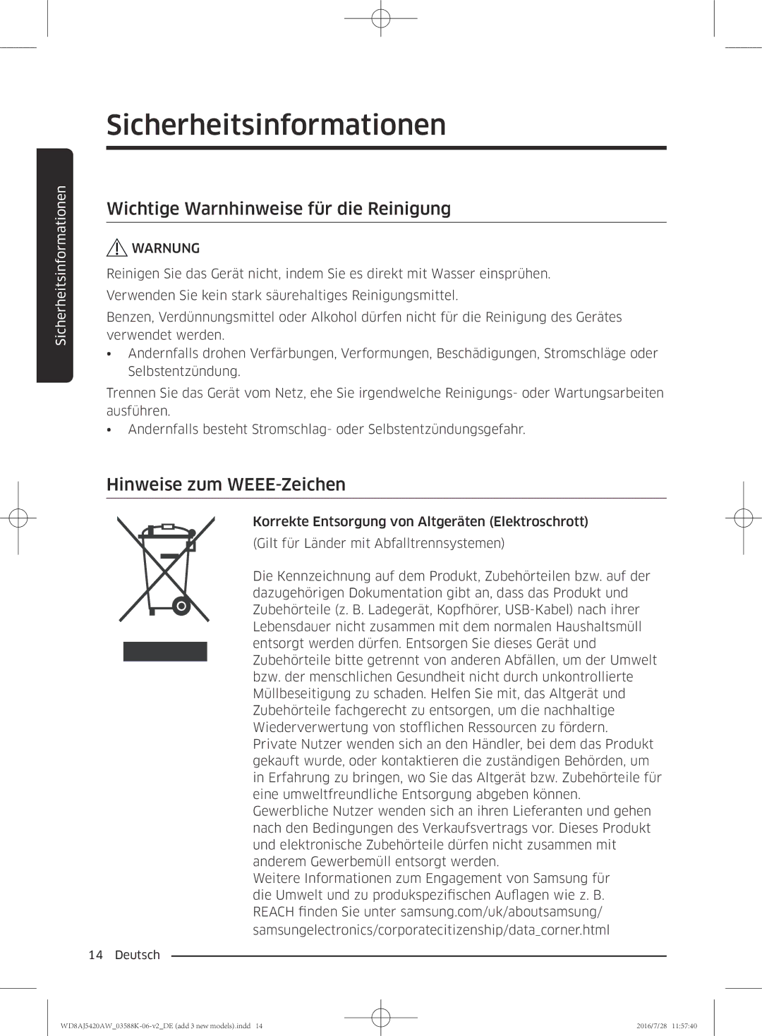 Samsung WD80J5400AW/EG, WD72J5400AW/EG, WD70J5400AW/EG Wichtige Warnhinweise für die Reinigung, Hinweise zum WEEE-Zeichen 