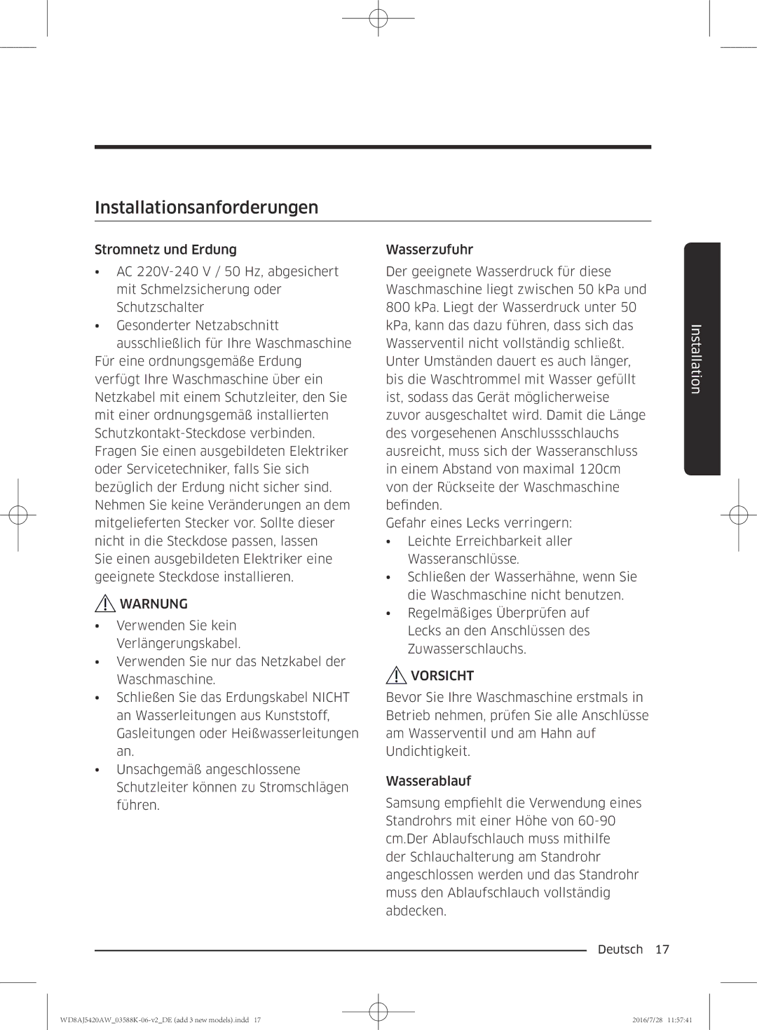 Samsung WD70J5400AW/EG, WD72J5400AW/EG, WD80J5400AW/EG, WD82J5400AW/EG manual Installationsanforderungen 