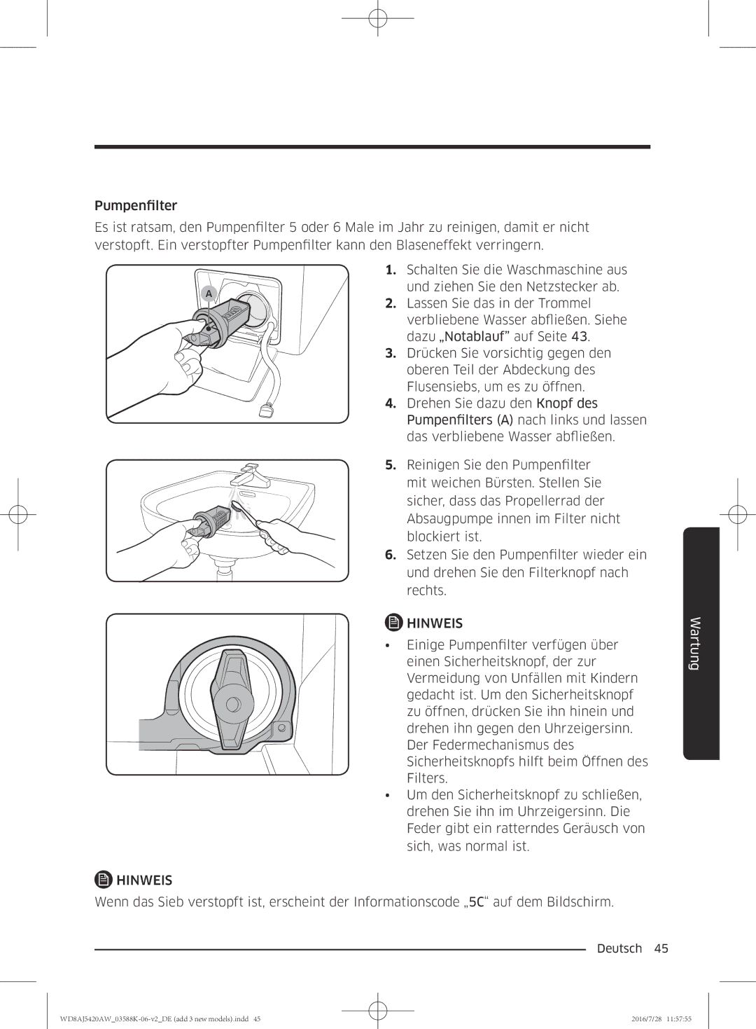 Samsung WD70J5400AW/EG, WD72J5400AW/EG, WD80J5400AW/EG, WD82J5400AW/EG manual Hinweis 