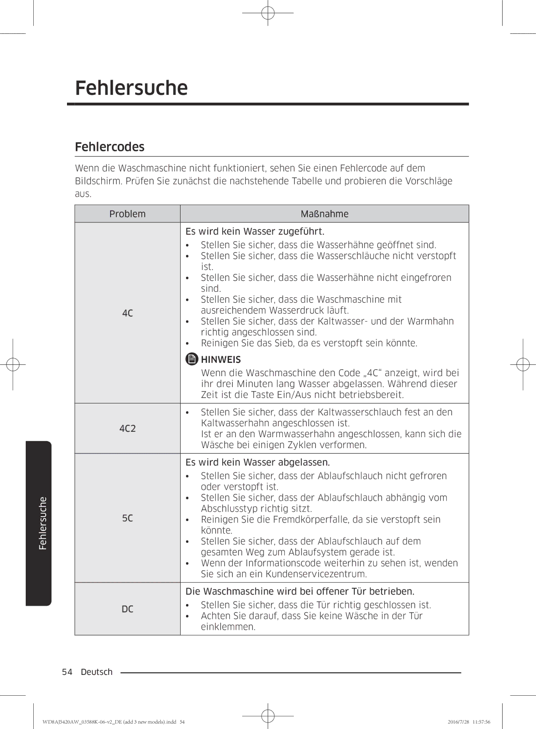 Samsung WD80J5400AW/EG, WD72J5400AW/EG, WD70J5400AW/EG, WD82J5400AW/EG manual Fehlercodes 