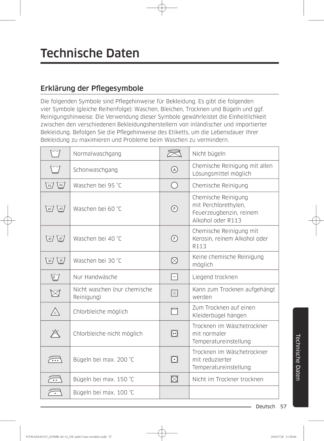 Samsung WD70J5400AW/EG, WD72J5400AW/EG, WD80J5400AW/EG, WD82J5400AW/EG manual Technische Daten, Erklärung der Pflegesymbole 