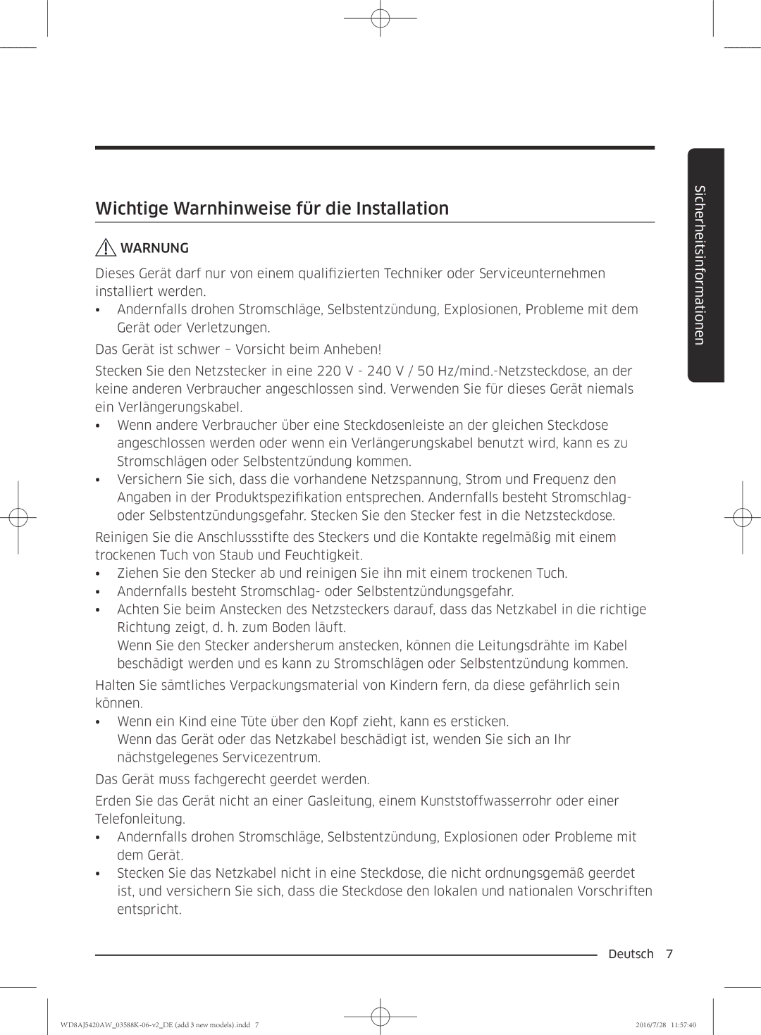 Samsung WD82J5400AW/EG, WD72J5400AW/EG, WD70J5400AW/EG, WD80J5400AW/EG manual Wichtige Warnhinweise für die Installation 