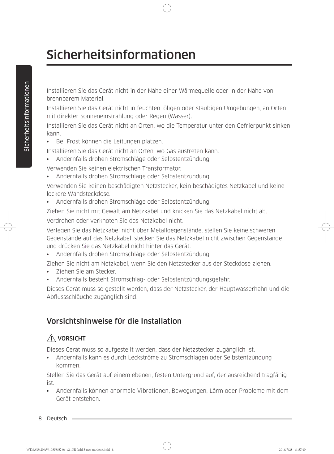 Samsung WD72J5400AW/EG, WD70J5400AW/EG, WD80J5400AW/EG, WD82J5400AW/EG manual Vorsichtshinweise für die Installation 