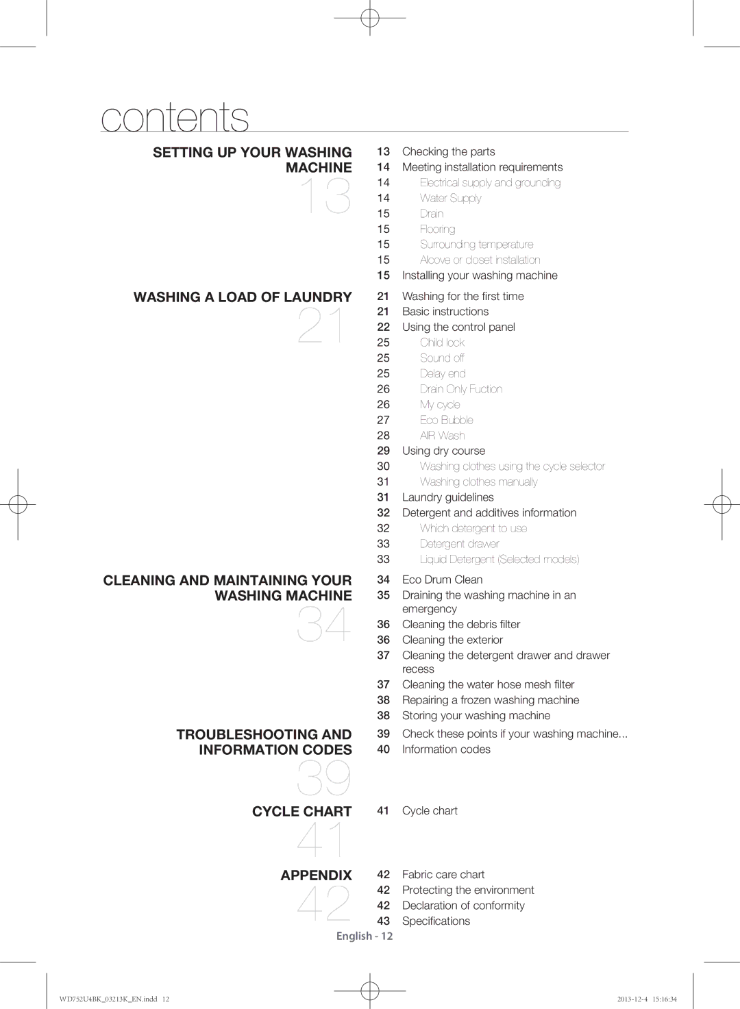 Samsung WD752U4BKWQ/SV manual Contents 