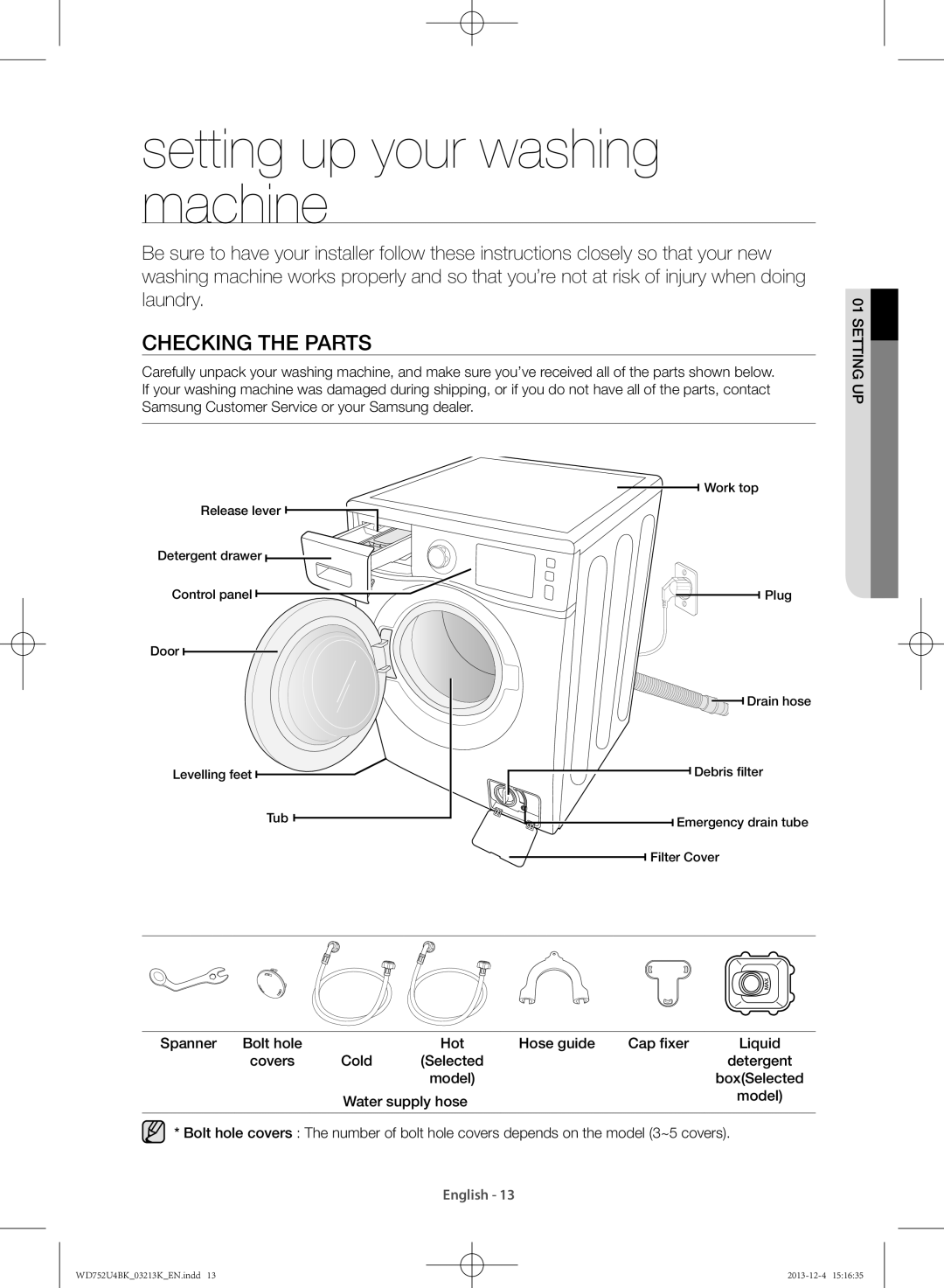 Samsung WD752U4BKWQ/SV manual Setting up your washing machine, Checking the parts 