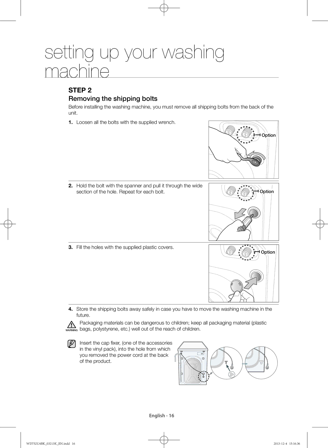 Samsung WD752U4BKWQ/SV manual Removing the shipping bolts 