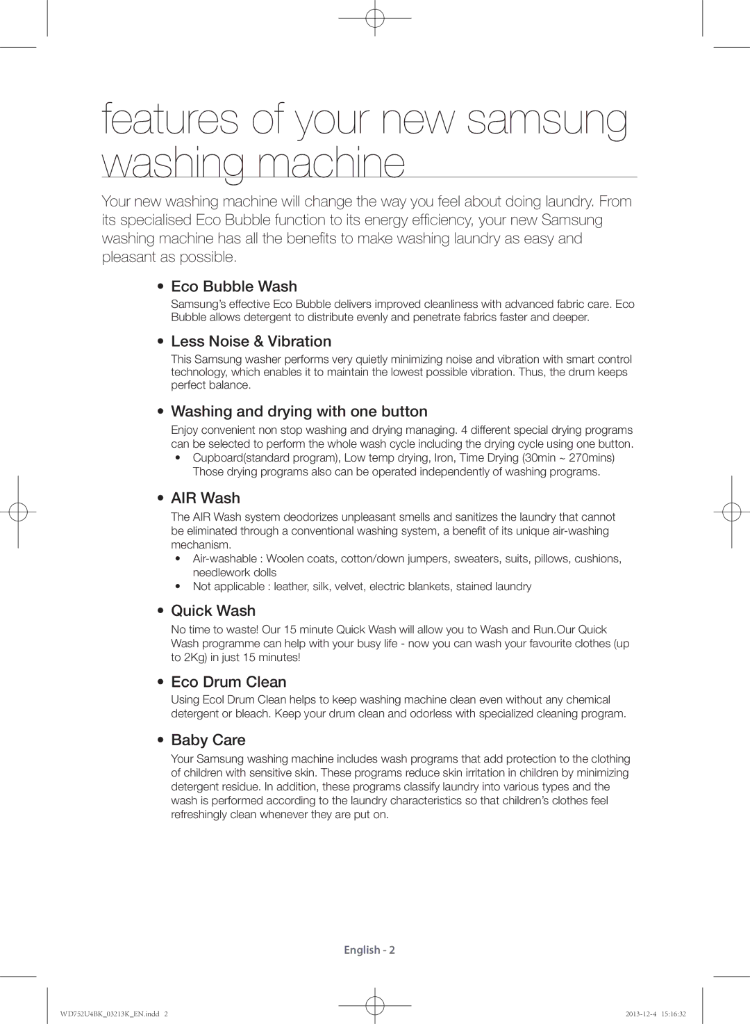 Samsung WD752U4BKWQ/SV manual Features of your new samsung washing machine 