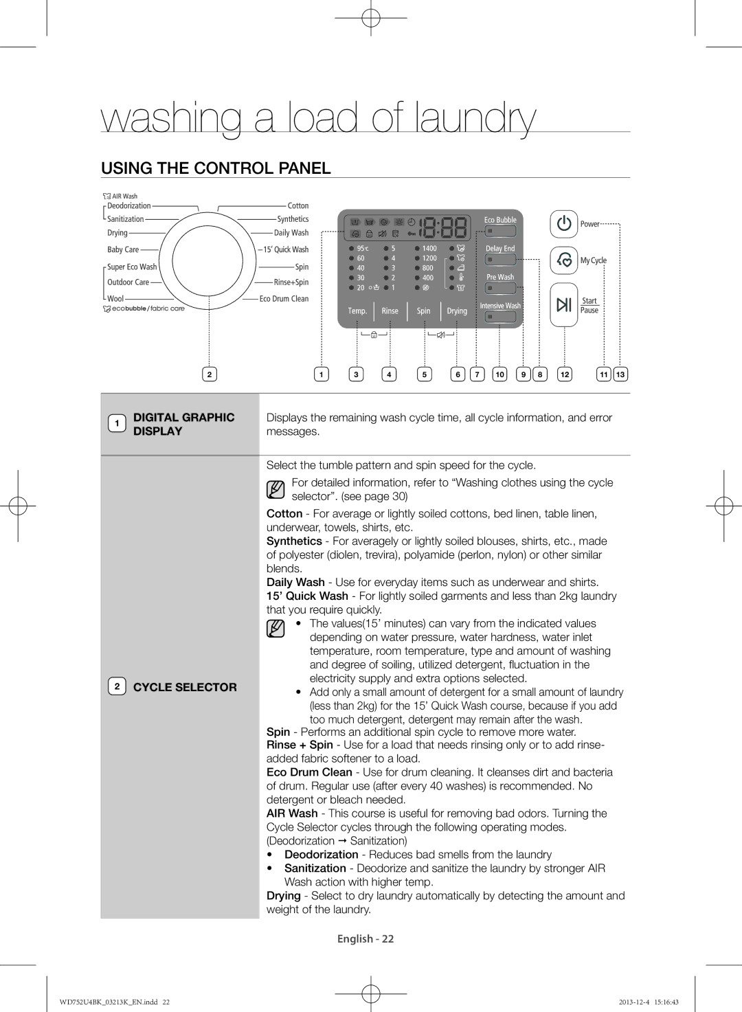 Samsung WD752U4BKWQ/SV manual Using the control panel, Cycle Selector 