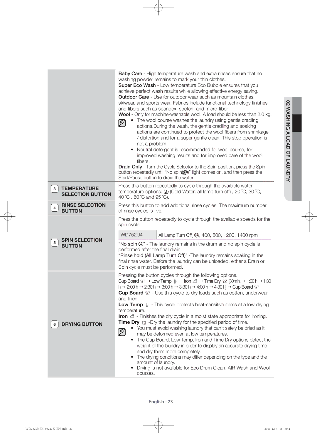 Samsung WD752U4BKWQ/SV manual Temperature, Selection Button, Spin Selection, Drying Button 