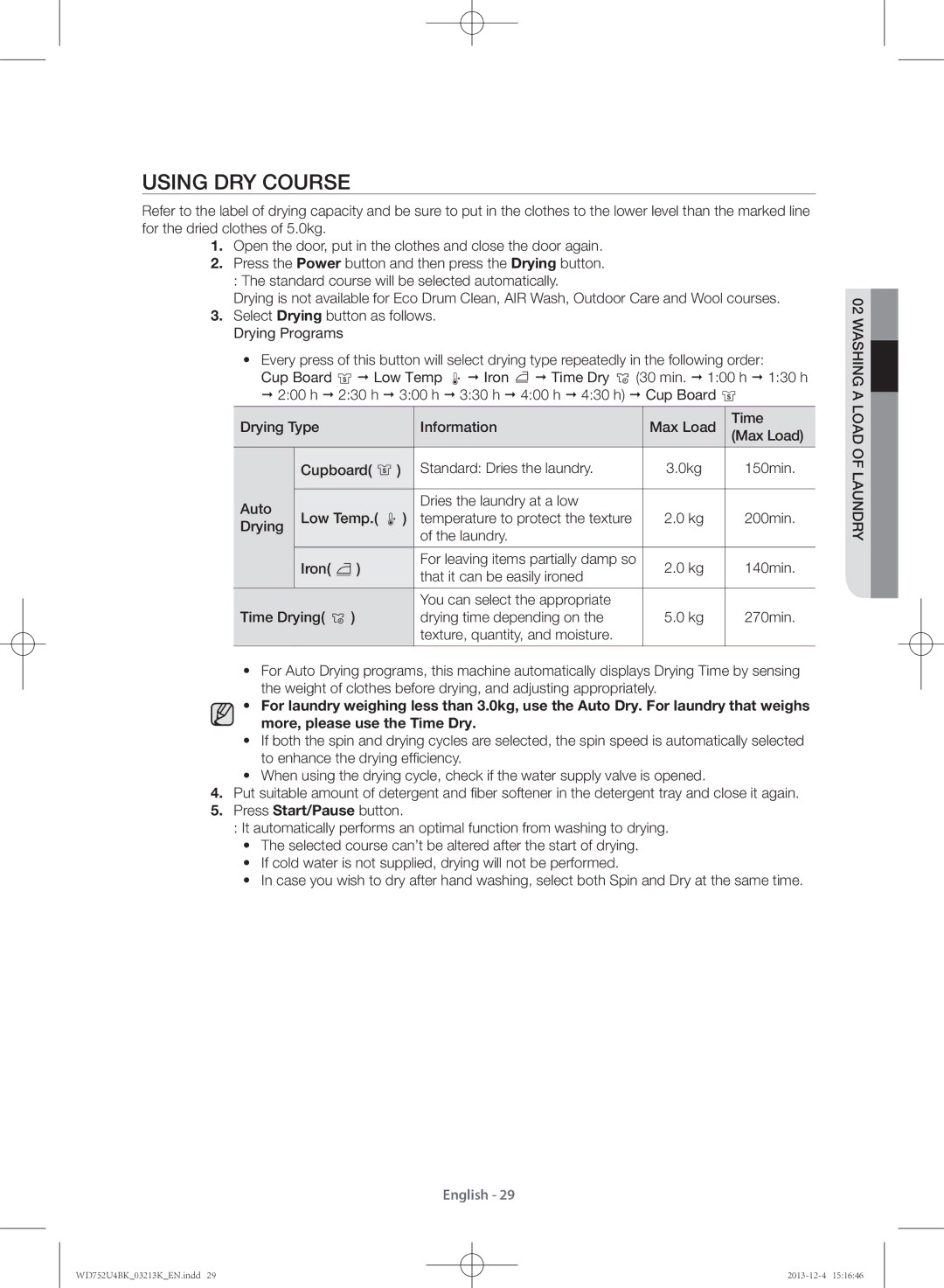 Samsung WD752U4BKWQ/SV manual Using dry course 