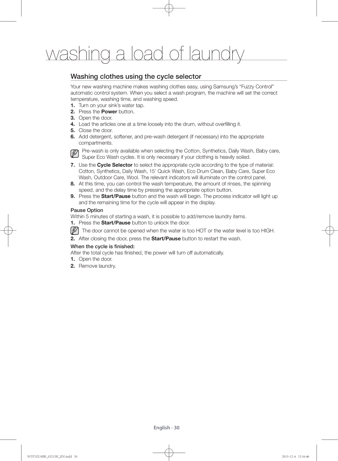 Samsung WD752U4BKWQ/SV manual Washing clothes using the cycle selector 