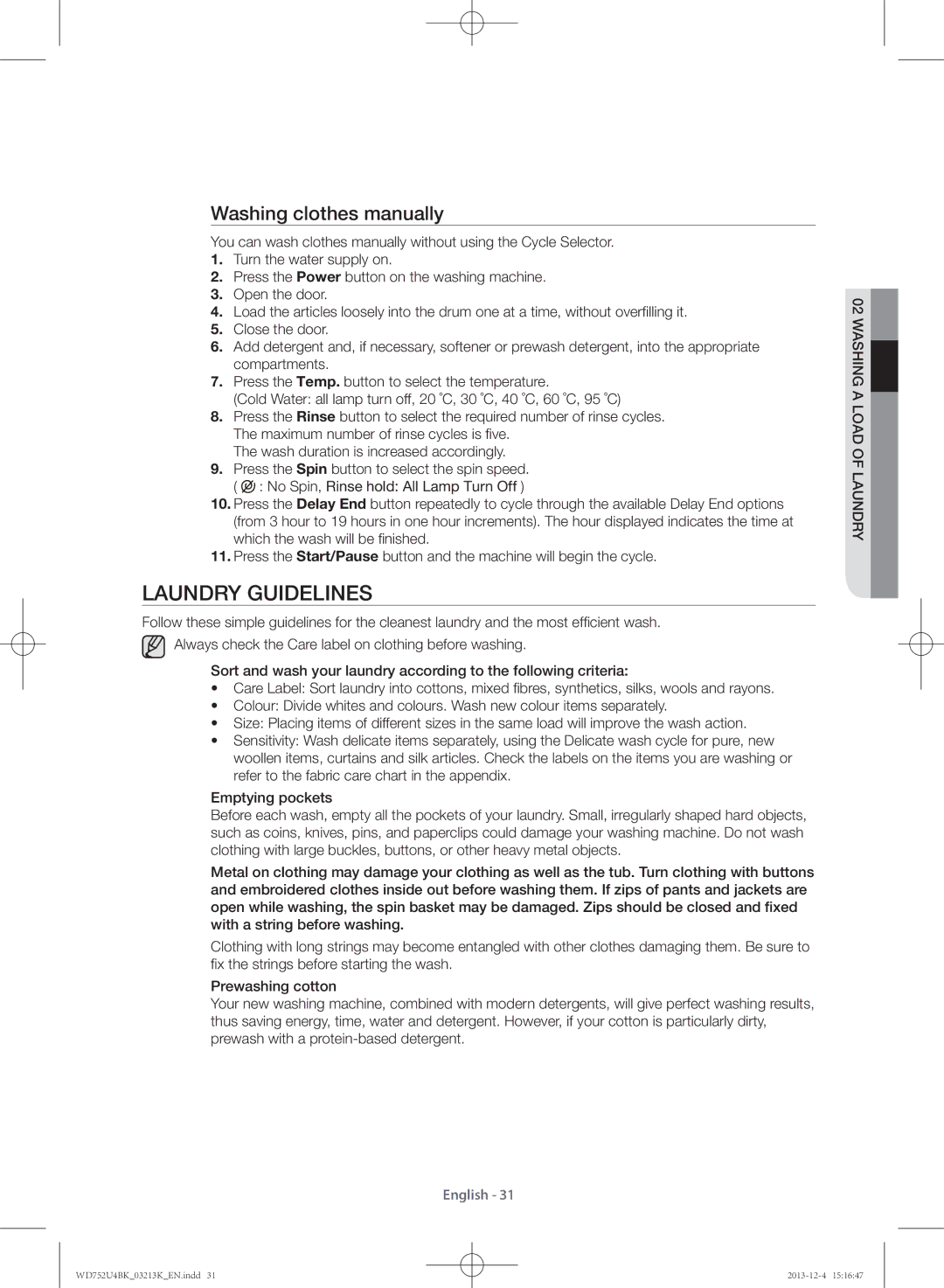 Samsung WD752U4BKWQ/SV Laundry guidelines, Washing clothes manually 