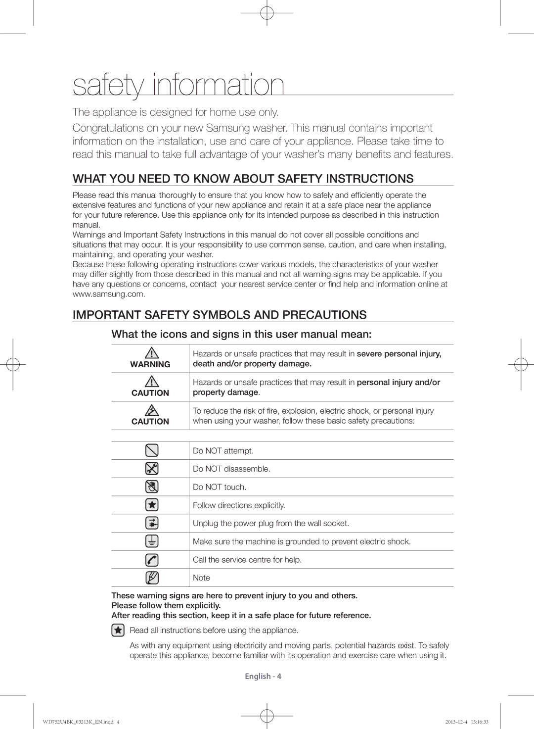 Samsung WD752U4BKWQ/SV manual Safety information, Appliance is designed for home use only 