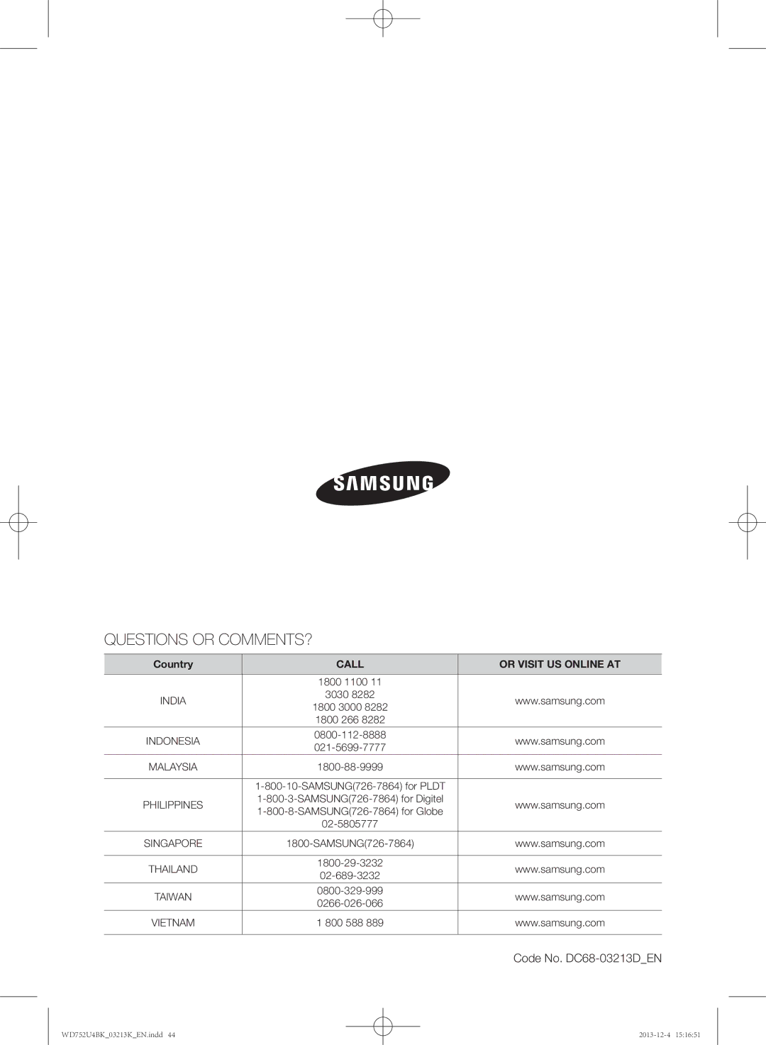 Samsung WD752U4BKWQ/SV manual Questions or COMMENTS? 