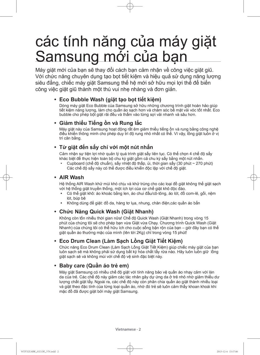 Samsung WD752U4BKWQ/SV manual Các tính năng của máy giặt Samsung mới của bạn 