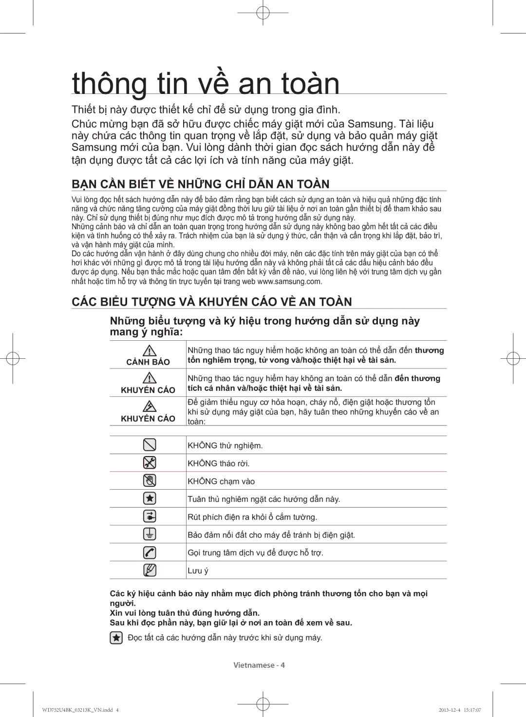 Samsung WD752U4BKWQ/SV manual Thông tin về an toàn, Bạn cần biết về những chỉ dẫn an toàn, Cảnh BÁO, Khuyến CÁO 