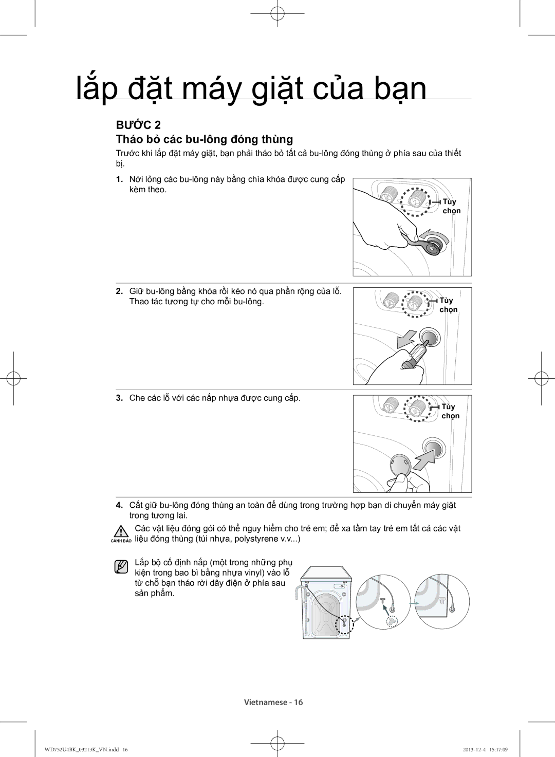 Samsung WD752U4BKWQ/SV manual Thao bỏ cac bu-lông đóng thùng 