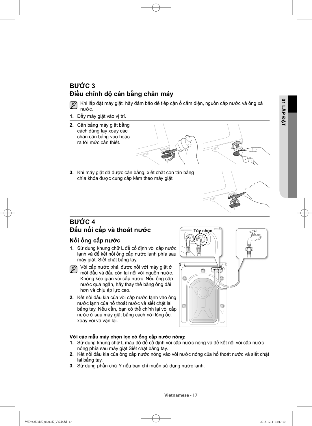 Samsung WD752U4BKWQ/SV manual Điều chỉnh độ cân bằng chân máy, Đấu nối cấp và thoát nước 